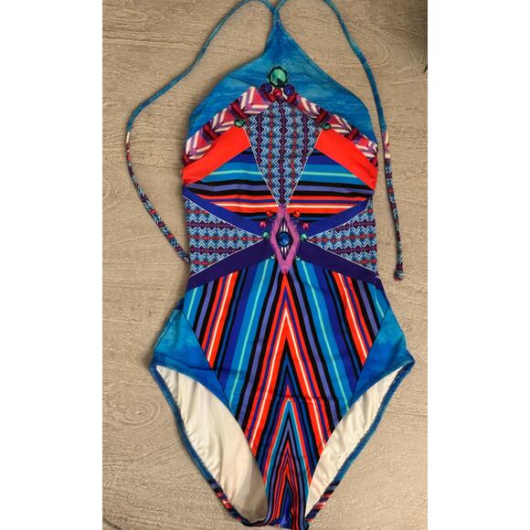 Gottex‎ Neo Tribe Halter One Piece Swimsuit 6 Boho Luxe Festival Retro Color Pop